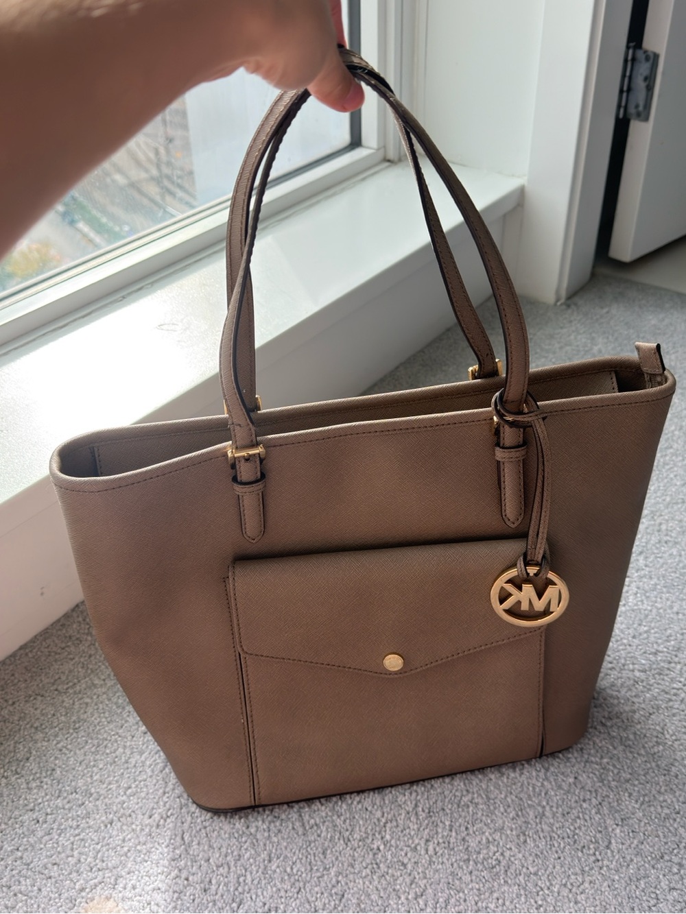 Michael Kors Taupe Saffiano Leather Tote with Gold Logo Charm